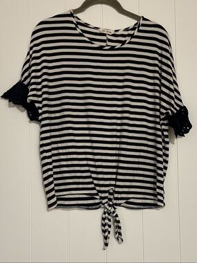 Navy Blue & White Striped Tie-Front Short Sleeve Top